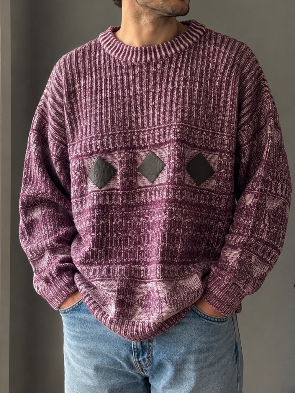 Vintage Aspetuck Trading Co. Men’s M Southwestern Knit Sweater Leather Trim